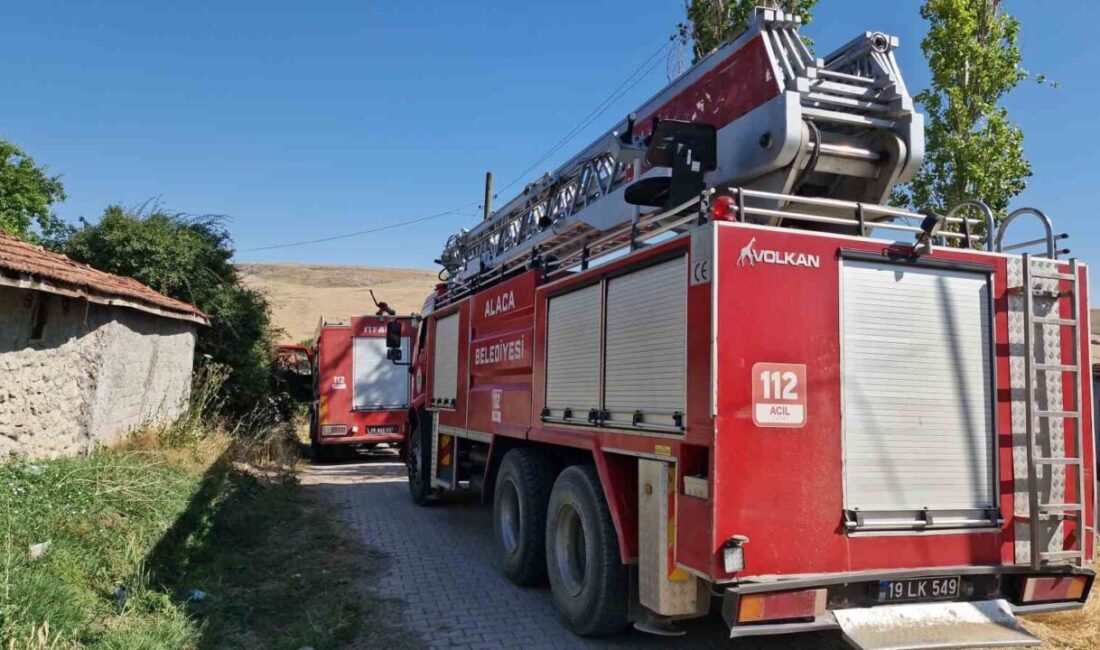 Çorum'un Alaca ilçesindeki Geven köyünde bir evin bahçesinde çıkan yangın,