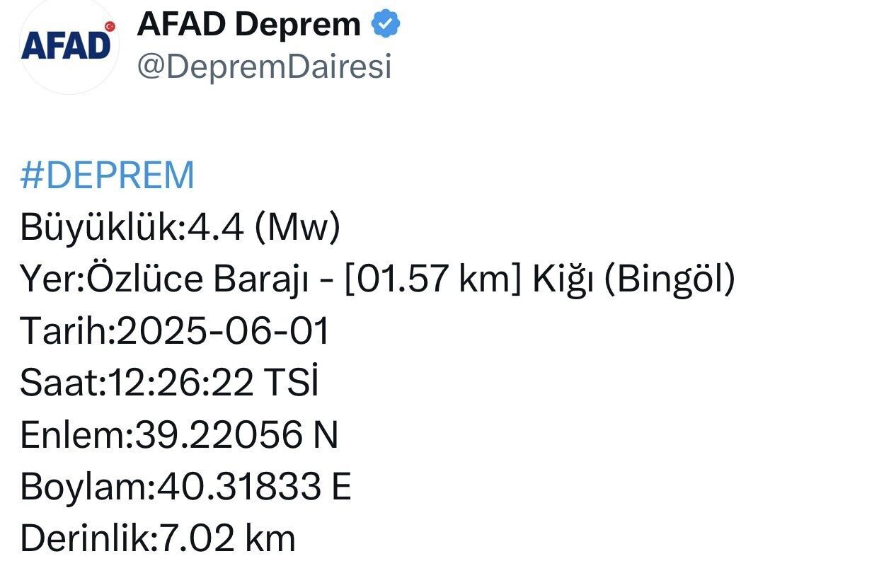 Bingöl'ün Kiğı ilçesinde saat 12.26'da 4,4 büyüklüğünde bir deprem gerçekleşti.