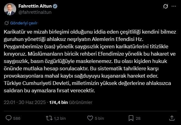 Cumhurbaşkanlığı İletişim Başkanı Fahrettin Altun, Hazreti Muhammed’e yönelik saygısız karikatürleri