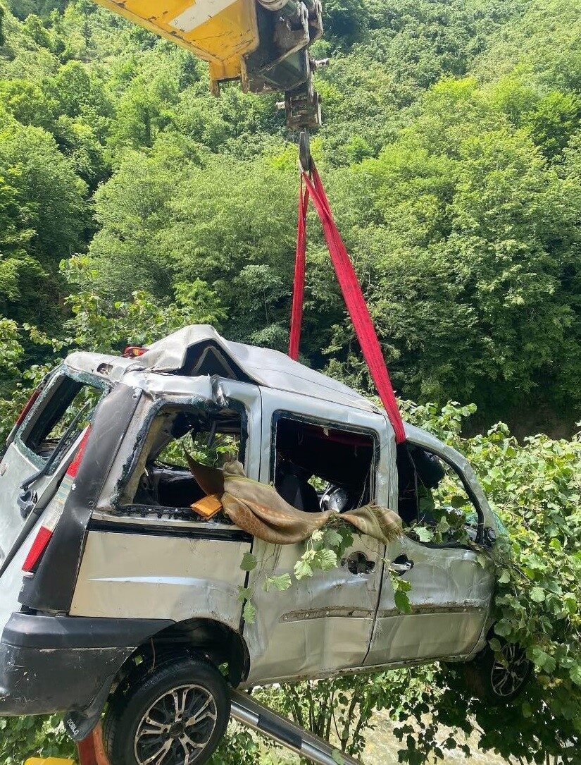 Giresun'un Espiye ilçesinde Mutlu Akgün yönetimindeki hafif ticari araç dereye