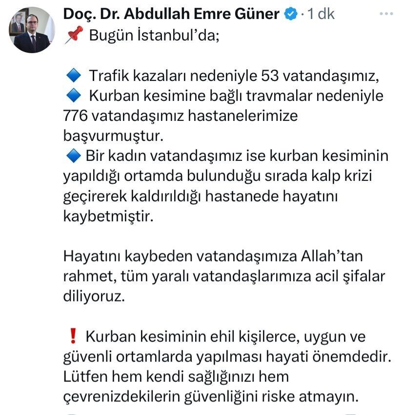 İstanbul İl Sağlık Müdürü Doç. Dr. Abdullah Emre Güner, Kurban