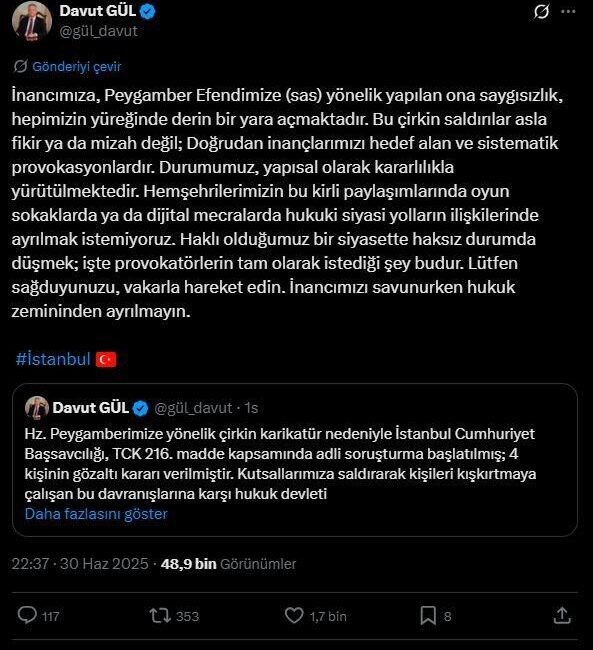 İstanbul Valisi Davut Gül, Leman dergisinde yayımlanan Hz. Muhammed karikatürü