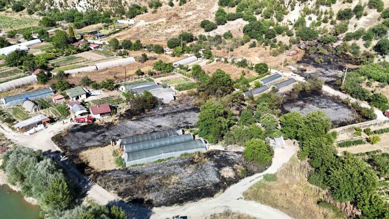 Karabük'te Kılavuzlar Mahallesi'nde seraların bulunduğu alanda çıkan anız yangınında yaklaşık