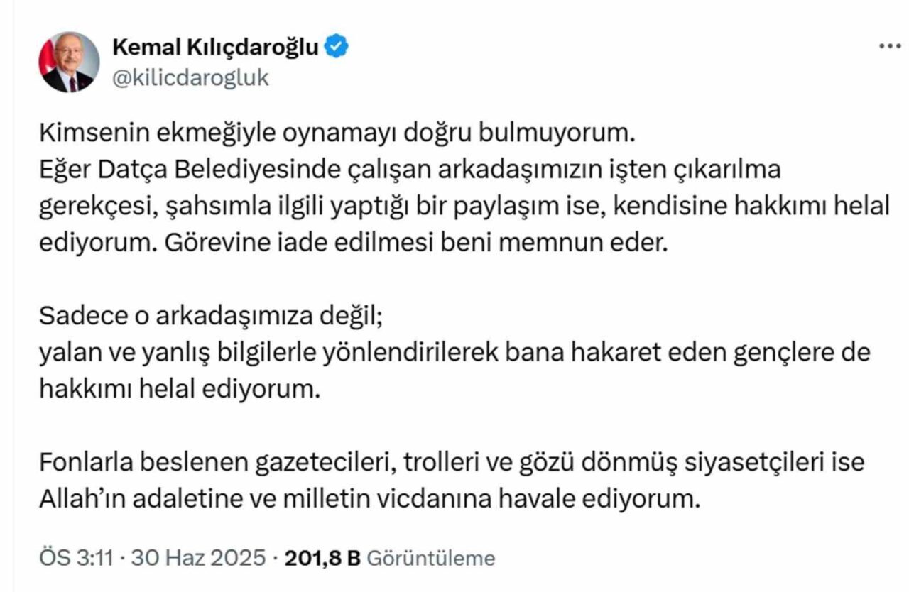 Kemal Kılıçdaroğlu, Datça Belediyesi'nin sosyal medya paylaşımına yanıt verip, bir