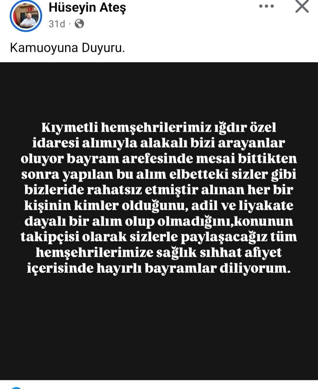 MHP Iğdır İl Başkanı Hüseyin Ateş, Iğdır İl Özel İdaresi'nin