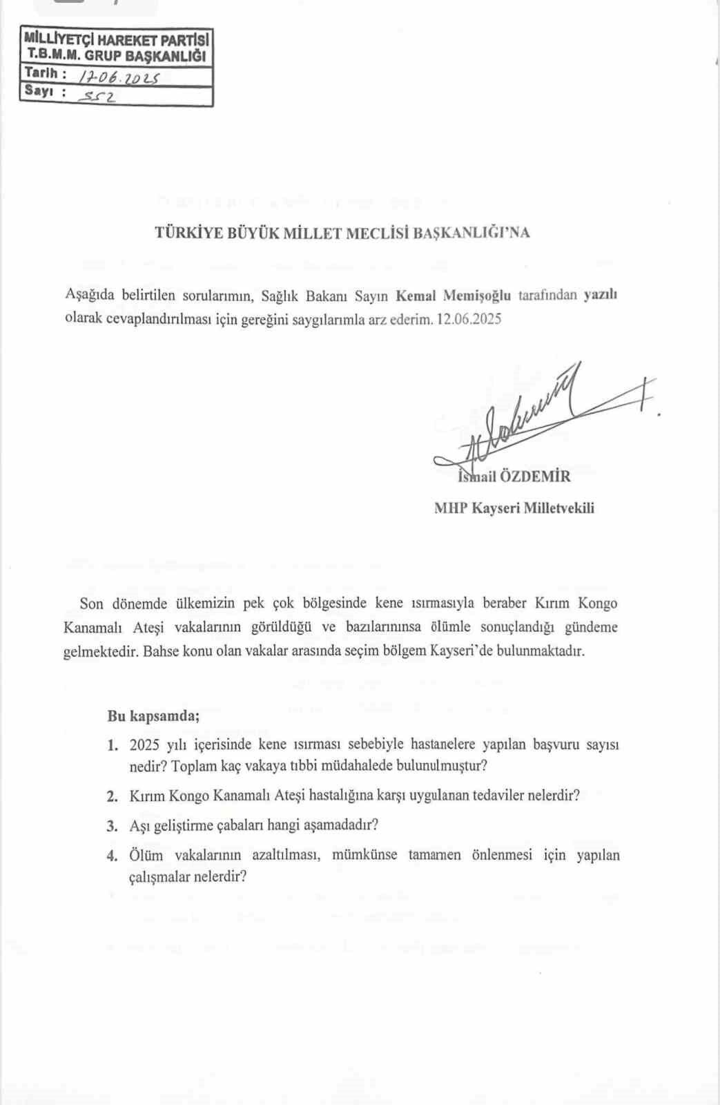 MHP Kayseri Milletvekili İsmail Özdemir, son günlerde artan kene ısırması