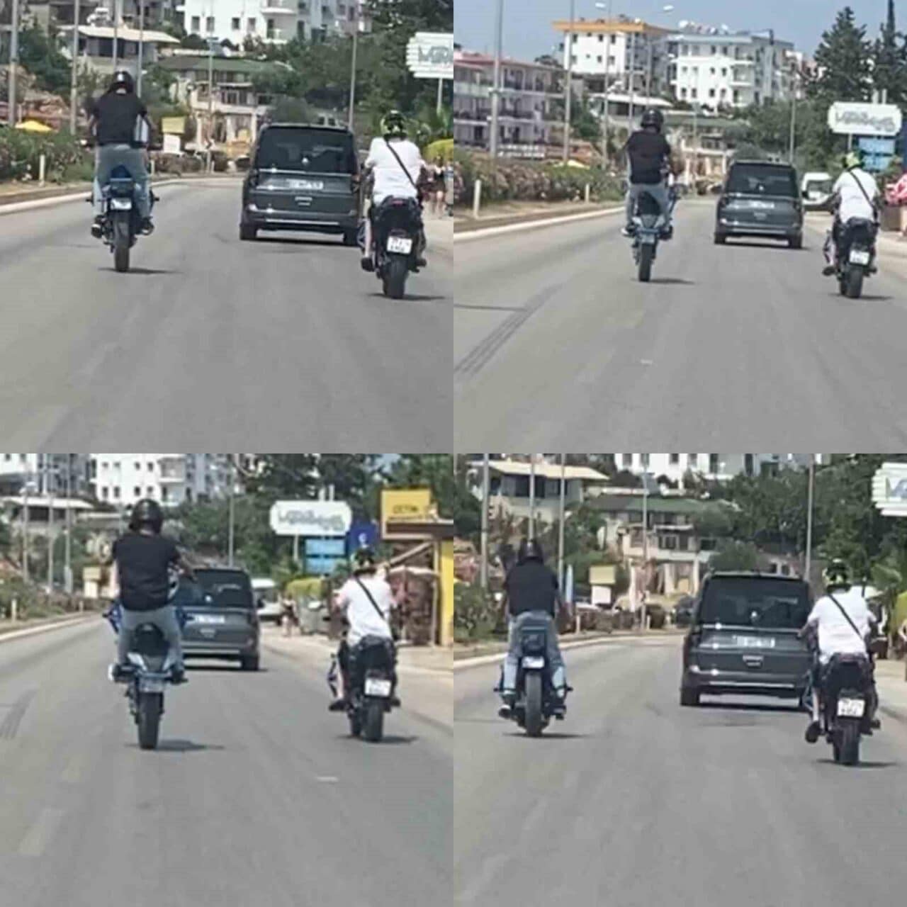Mersin'de D-400 karayolunda motosikletli bir sürücü, trafiğin ortasında motosikletinin önünü