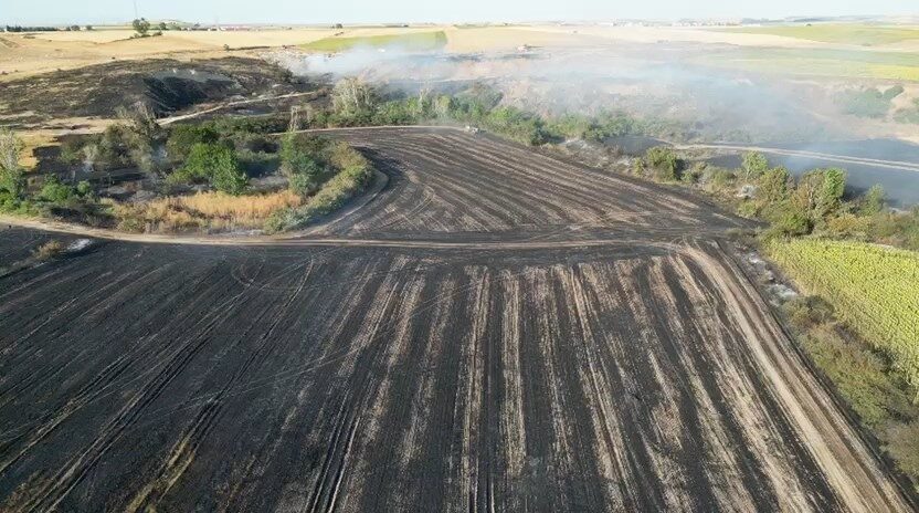 Tekirdağ’ın Hayrabolu ilçesindeki çöplükteki yangın, rüzgarın etkisiyle buğday ve anız