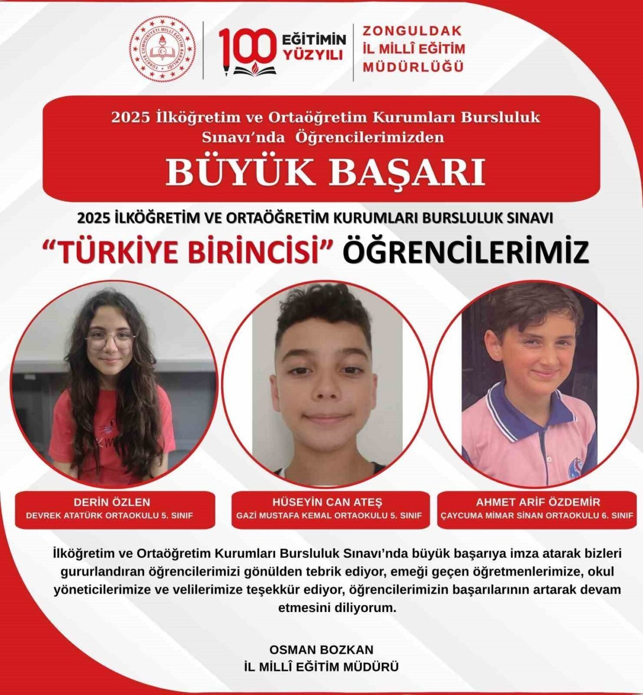 Zonguldak'ta üç ortaokul öğrencisi, 2025 İlköğretim ve Ortaöğretim Kurumları Bursluluk