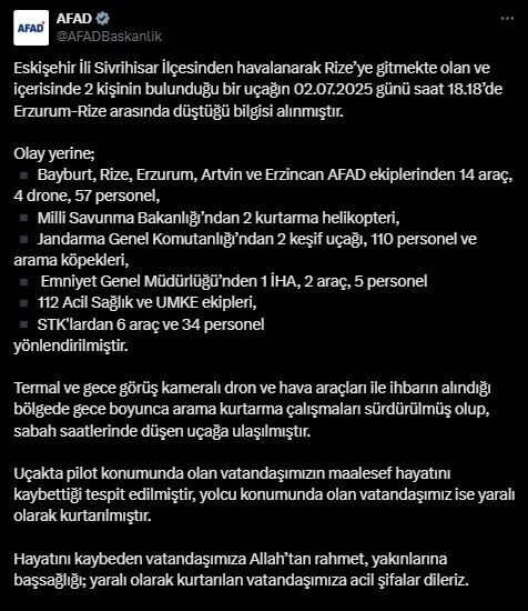 AFAD, Eskişehir'den Rize'ye giden uçağın düştüğünü doğruladı. Olayda pilot hayatını