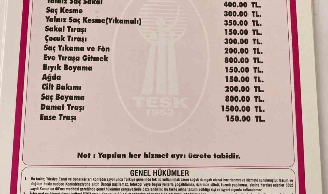 Bafra'da berber ve kuaförler için fiyat tarifesi güncellendi. Bafra Berberler