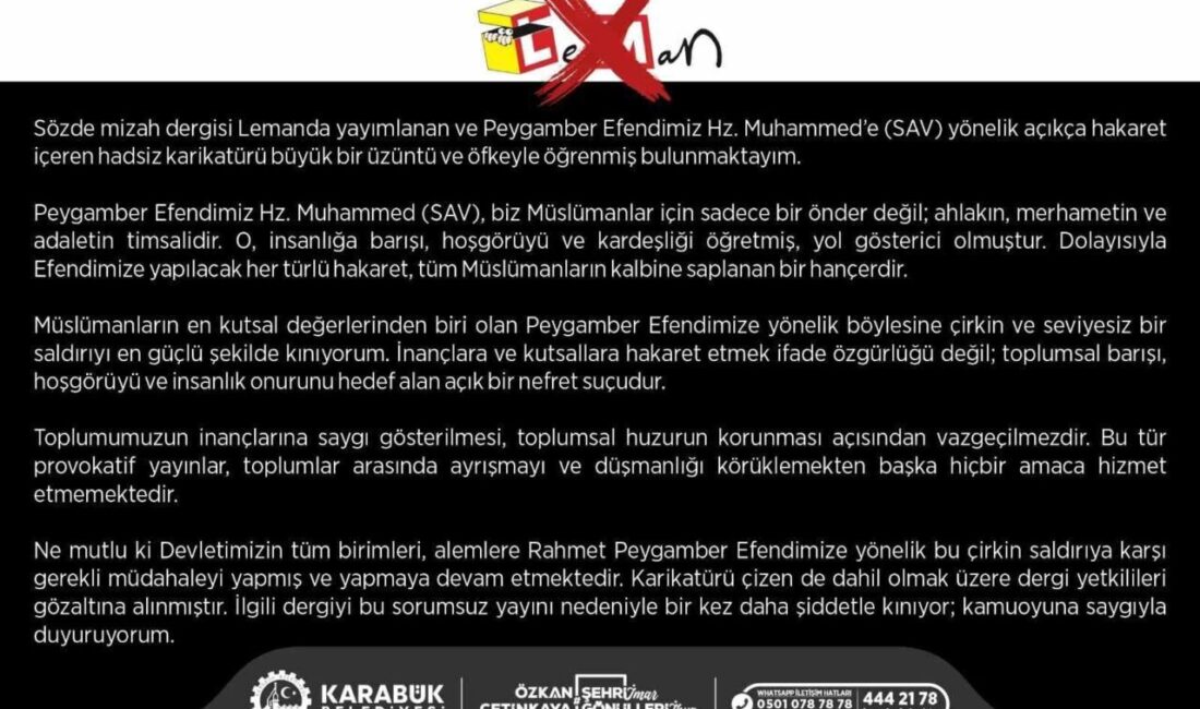 Karabük Belediye Başkanı Özkan Çetinkaya, bir mizah dergisinde Hazreti Muhammed'e