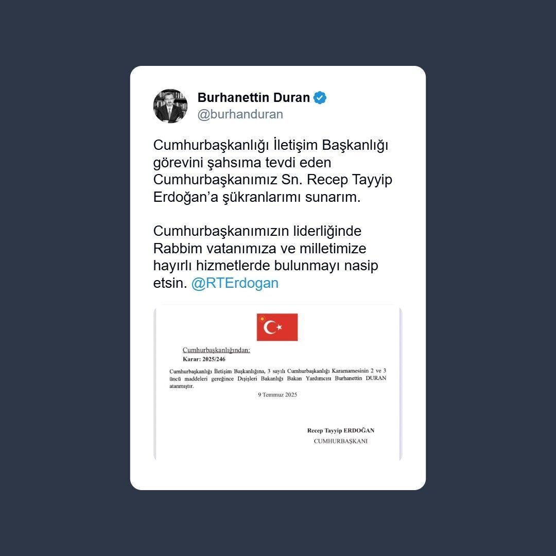 Cumhurbaşkanı Recep Tayyip Erdoğan, 9 Temmuz 2025 tarihli kararname ile