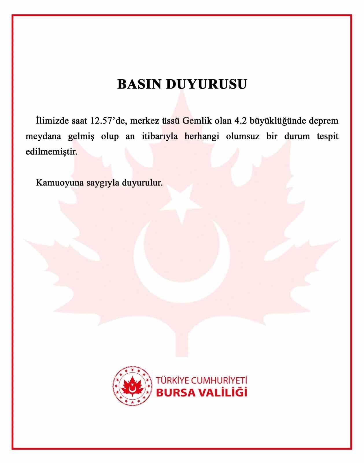 Bursa Valiliği, Gemlik'te 12.57'de meydana gelen 4.2 büyüklüğündeki depremin ardından