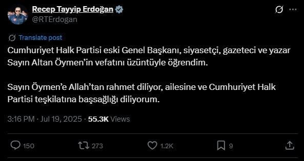 Cumhurbaşkanı Recep Tayyip Erdoğan, eski CHP Genel Başkanı Altan Öymen'in