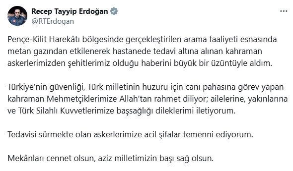 Cumhurbaşkanı Recep Tayyip Erdoğan, Pençe-Kilit bölgesindeki arama faaliyetinde metan gazı