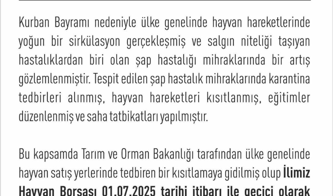 Elazığ Hayvan Borsası, şap hastalığı nedeniyle 1 Temmuz 2025 tarihine