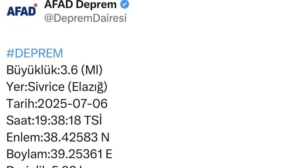 Elazığ'ın Sivrice ilçesinde 19:38'de 3.6 büyüklüğünde bir deprem kaydedildi. Afet