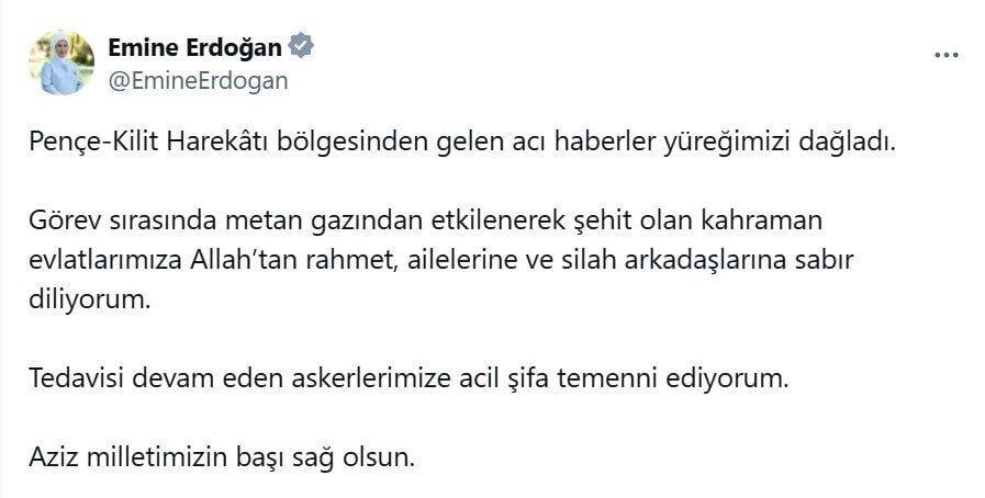 Emine Erdoğan, Pençe-Kilit Harekatı'nda metan gazı nedeniyle şehit olan 12