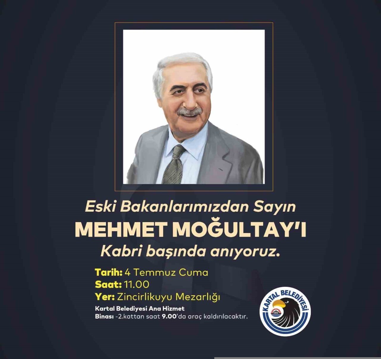 Kartal Belediyesi, merhum Mehmet Moğultay'ı vefatının 8’inci yılında anacak. Anma