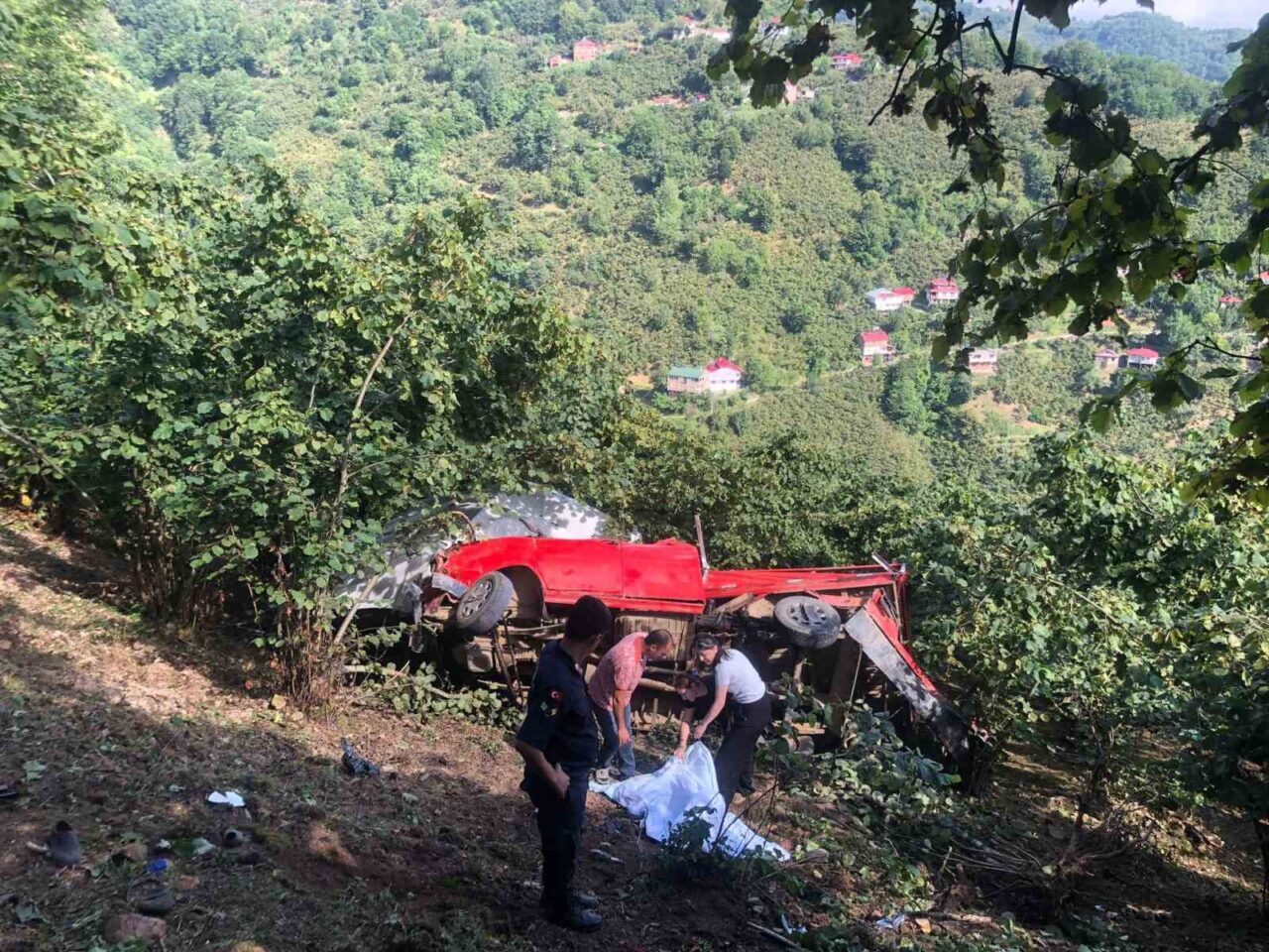 Giresun'un Tirebolu ilçesinde fındık bahçesine işçi taşıyan kamyonet şarampole yuvarlanarak