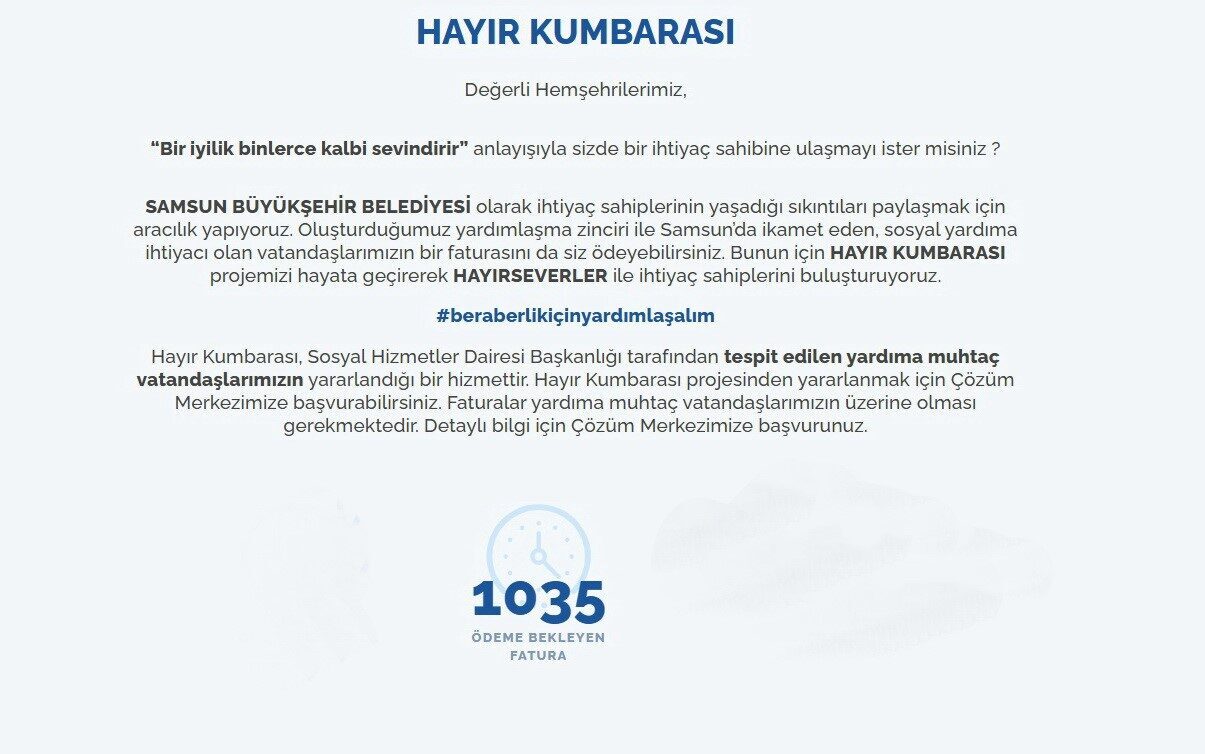 Samsun Büyükşehir Belediyesi, "Hayır Kumbarası" projesiyle ihtiyaç sahiplerinin su faturalarını