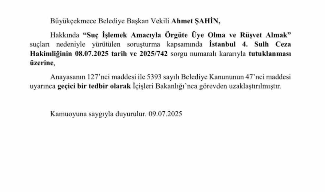 İçişleri Bakanlığı, Adana Büyükşehir Belediye Başkanı Zeydan Karalar ve Büyükçekmece
