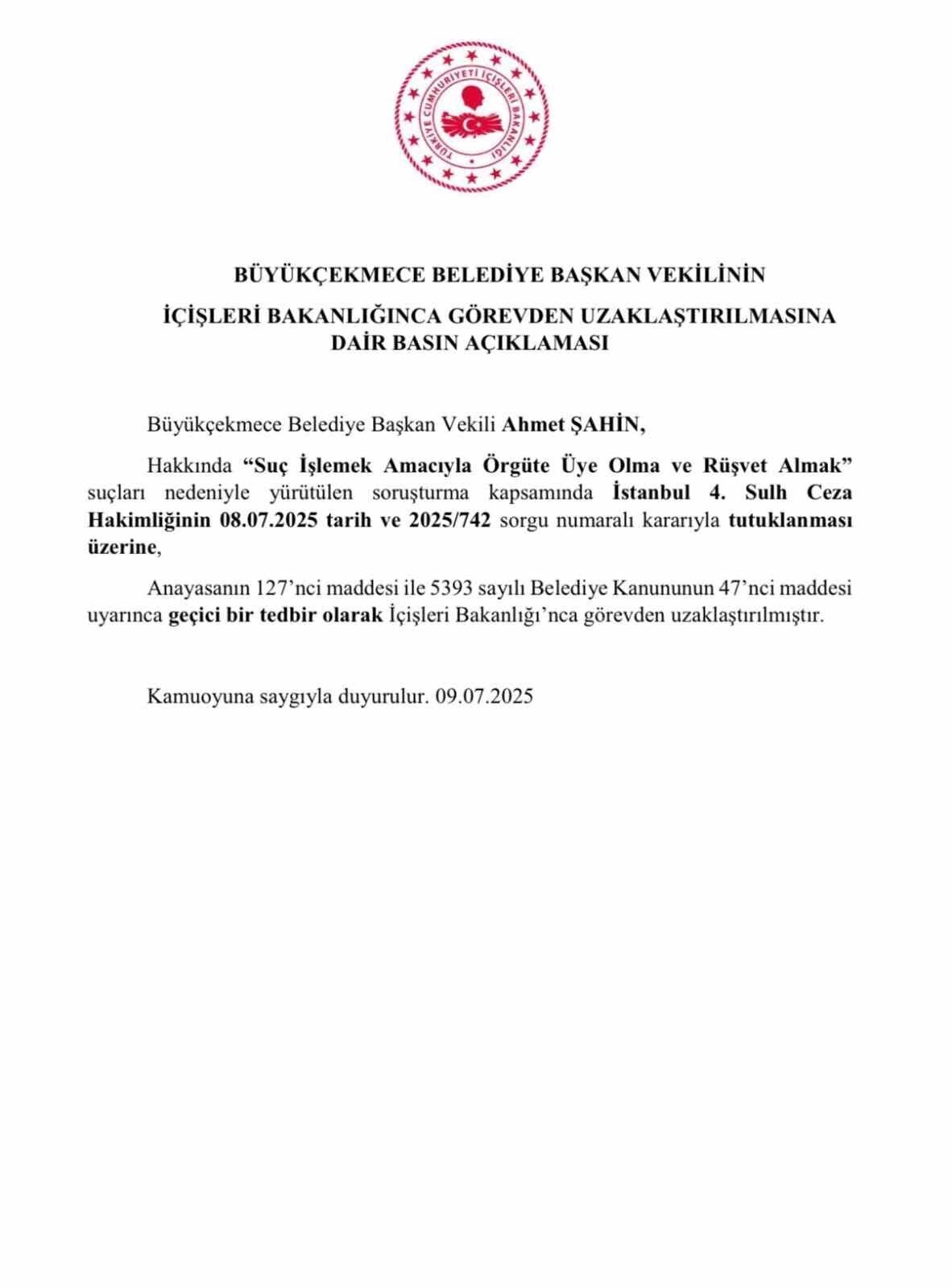 İçişleri Bakanlığı, Adana Büyükşehir Belediye Başkanı Zeydan Karalar ve Büyükçekmece