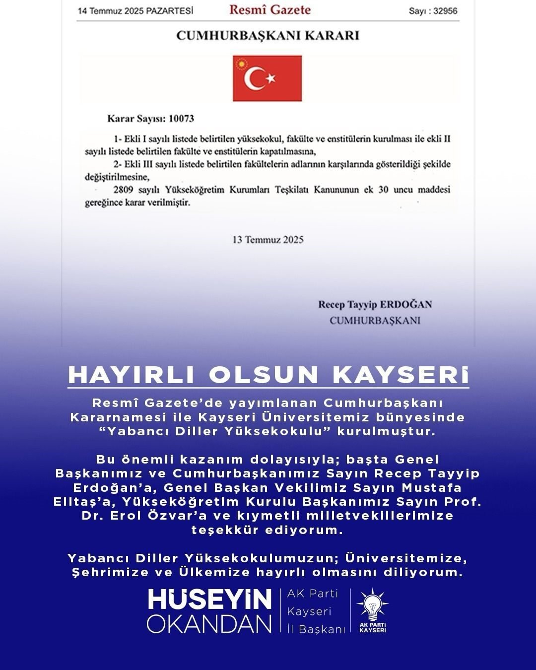 AK Parti Kayseri İl Başkanı Hüseyin Okandan, Kayseri Üniversitesi'nde Yabancı