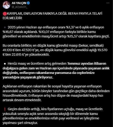 Memur-Sen Genel Başkanı Ali Yalçın, enflasyonun artış hızının düşmesine rağmen