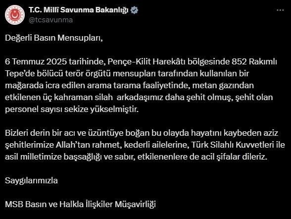 Pençe-Kilit Harekatı'nda metan gazından etkilenen 3 asker daha şehit düştü.