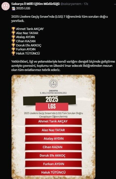 15 Haziran'da gerçekleştirilen LGS sınavında Sakarya'dan 7 öğrenci, Ahmet Tarık