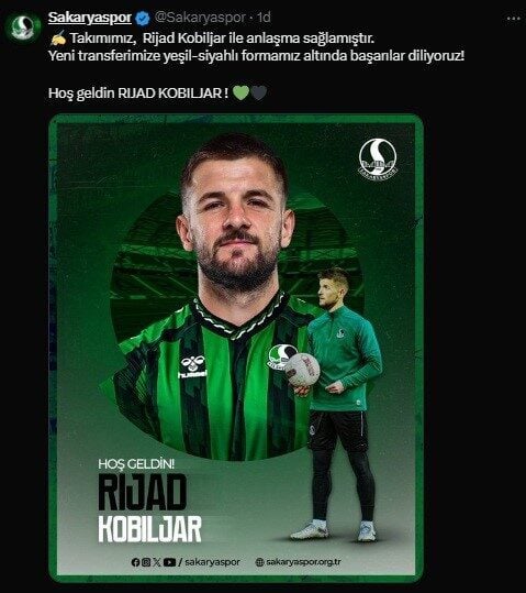 Sakaryaspor, Bosna Hersekli 29 yaşındaki orta saha oyuncusu Rijad Kobiljar