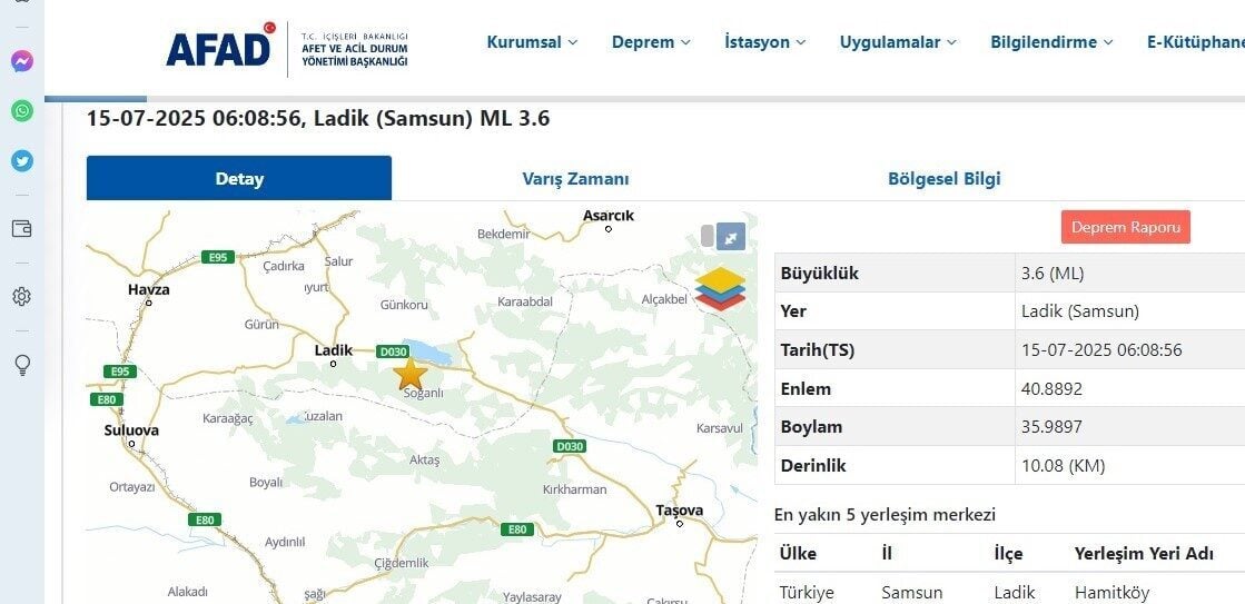 Samsun'un Ladik ilçesinde 06.08'de meydana gelen 3.6 büyüklüğündeki deprem yerin