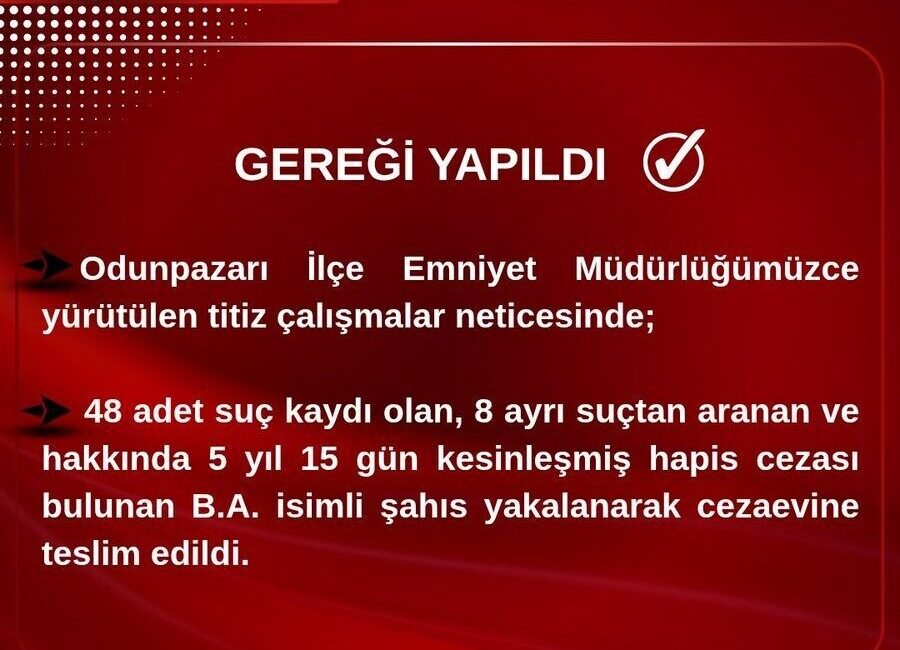 Eskişehir Odunpazarı İlçe Emniyet Müdürlüğü, 48 suç kaydıyla aranan B.A.