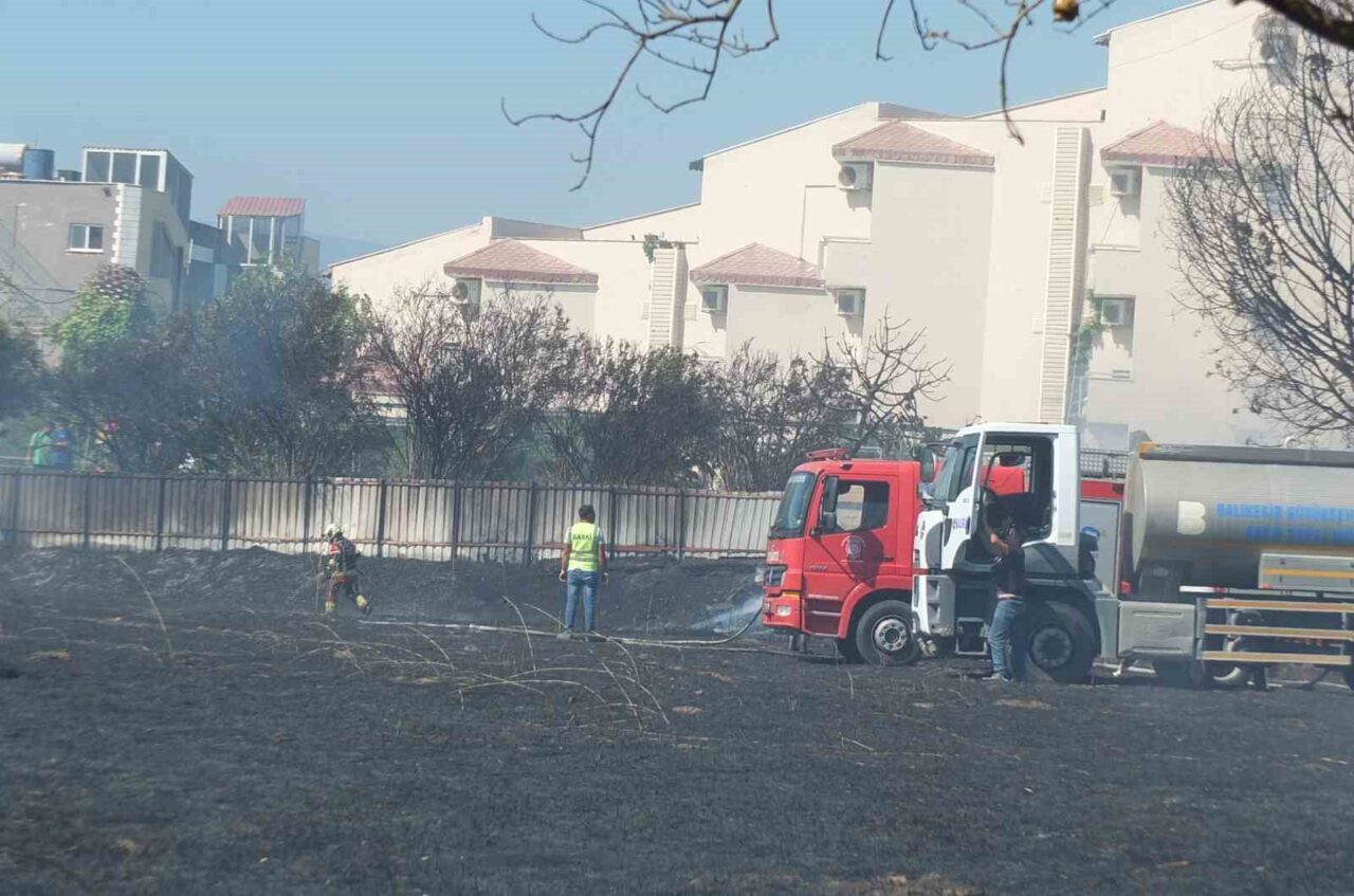 Balıkesir'in Burhaniye ilçesindeki Ören sahilinde çıkan ot yangını, rüzgarın etkisiyle