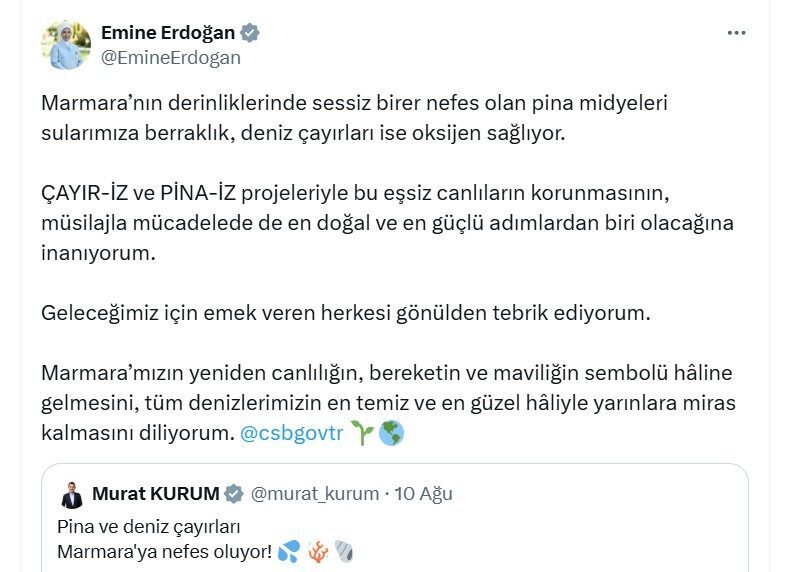 Emine Erdoğan, Marmara Denizi'nde başlatılan ÇAYIR-İZ ve PİNA-İZ projeleriyle pina