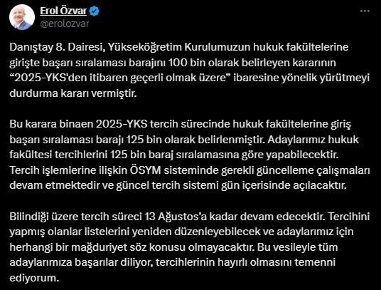 Danıştay, hukuk fakültelerine girişte başarı sıralaması barajını 2025-YKS için 100