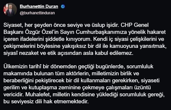 İletişim Başkanı Burhanettin Duran, CHP Genel Başkanı Özgür Özel'in Cumhurbaşkanına