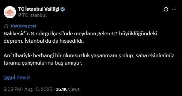 İstanbul Valiliği, Balıkesir'in Sındırgı ilçesinde meydana gelen 6.1 büyüklüğündeki depremin