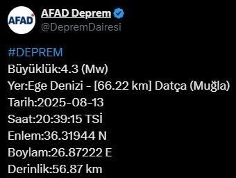 Muğla'nın Datça ilçesinde, AFAD verilerine göre saat 20.39'da 4.3 büyüklüğünde