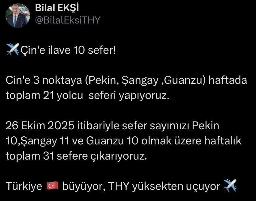 Türk Hava Yolları, 26 Ekim 2025'ten itibaren Çin'e haftalık uçuş