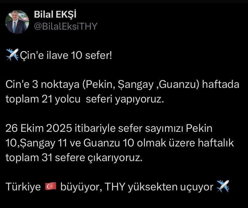 Türk Hava Yolları, 26 Ekim 2025'ten itibaren Çin'e haftalık uçuş