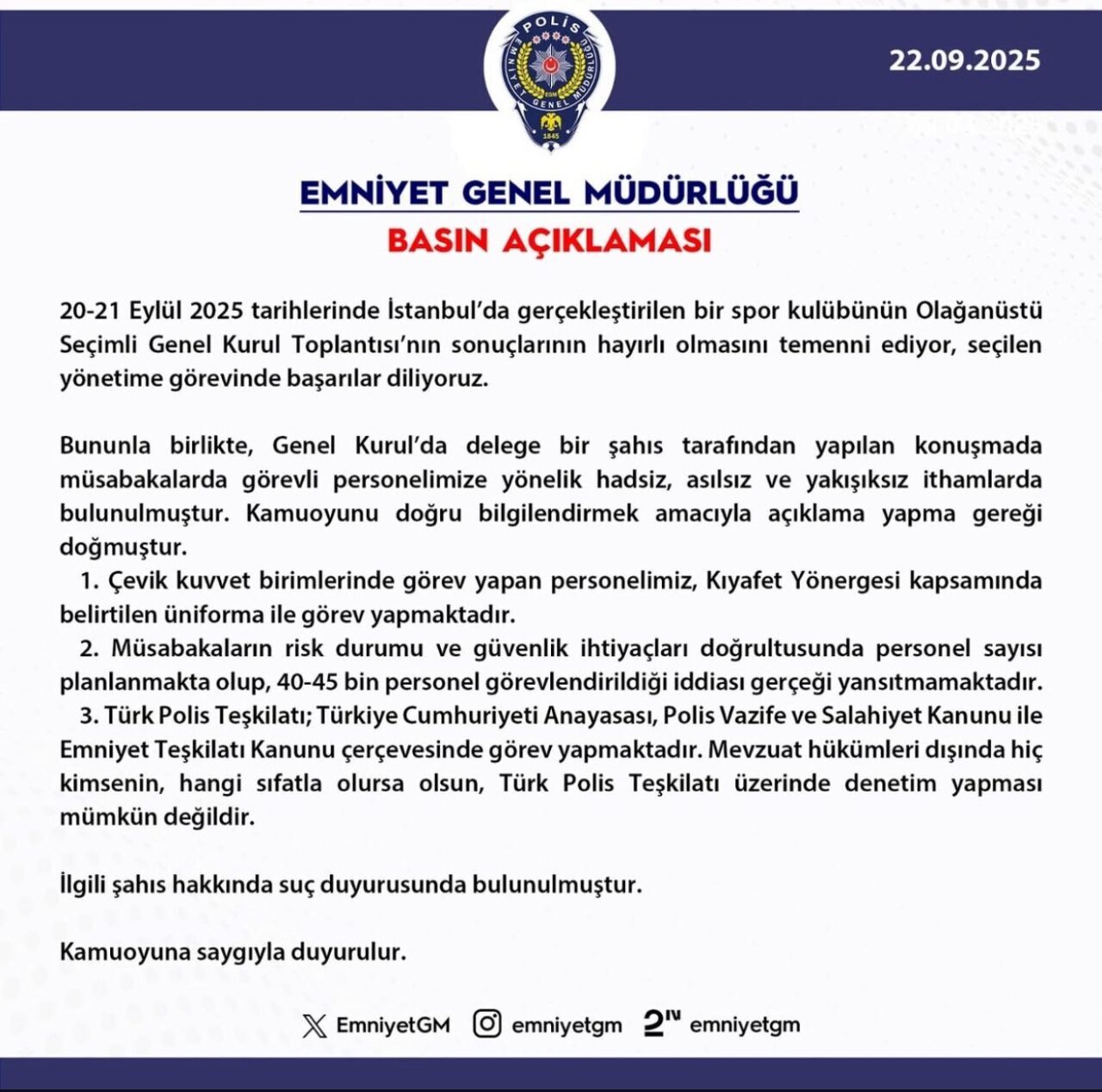 Emniyet Genel Müdürlüğü, Fenerbahçe'nin Genel Kurulu'nda bir delege tarafından polislerin