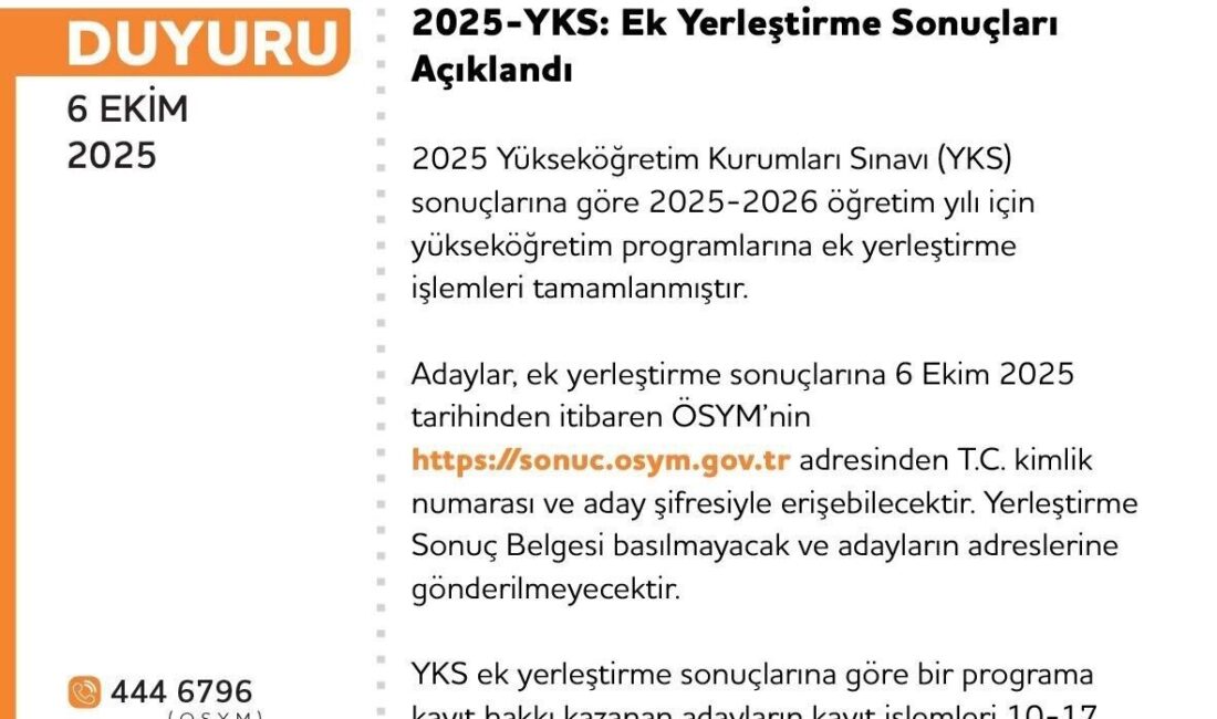 2025 Yükseköğretim Kurumları Sınavı ek yerleştirme sonuçları Yükseköğretim Kurulu tarafından