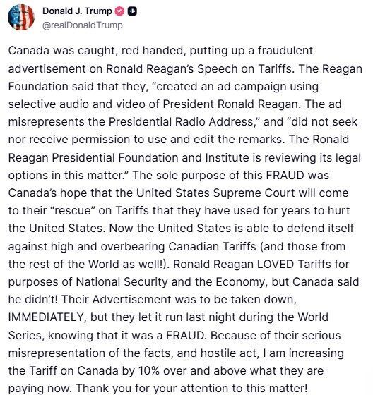 ABD Başkanı Donald Trump, Kanada'nın Ronald Reagan'ın gümrük vergilerine dair