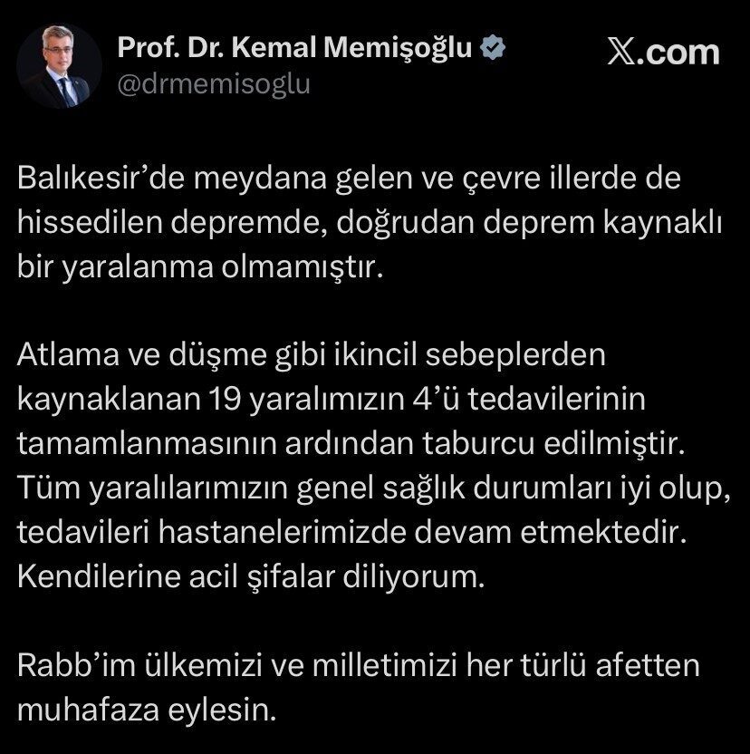 Sağlık Bakanı Kemal Memişoğlu, Balıkesir’deki depremin doğrudan yaralanmalara yol açmadığını