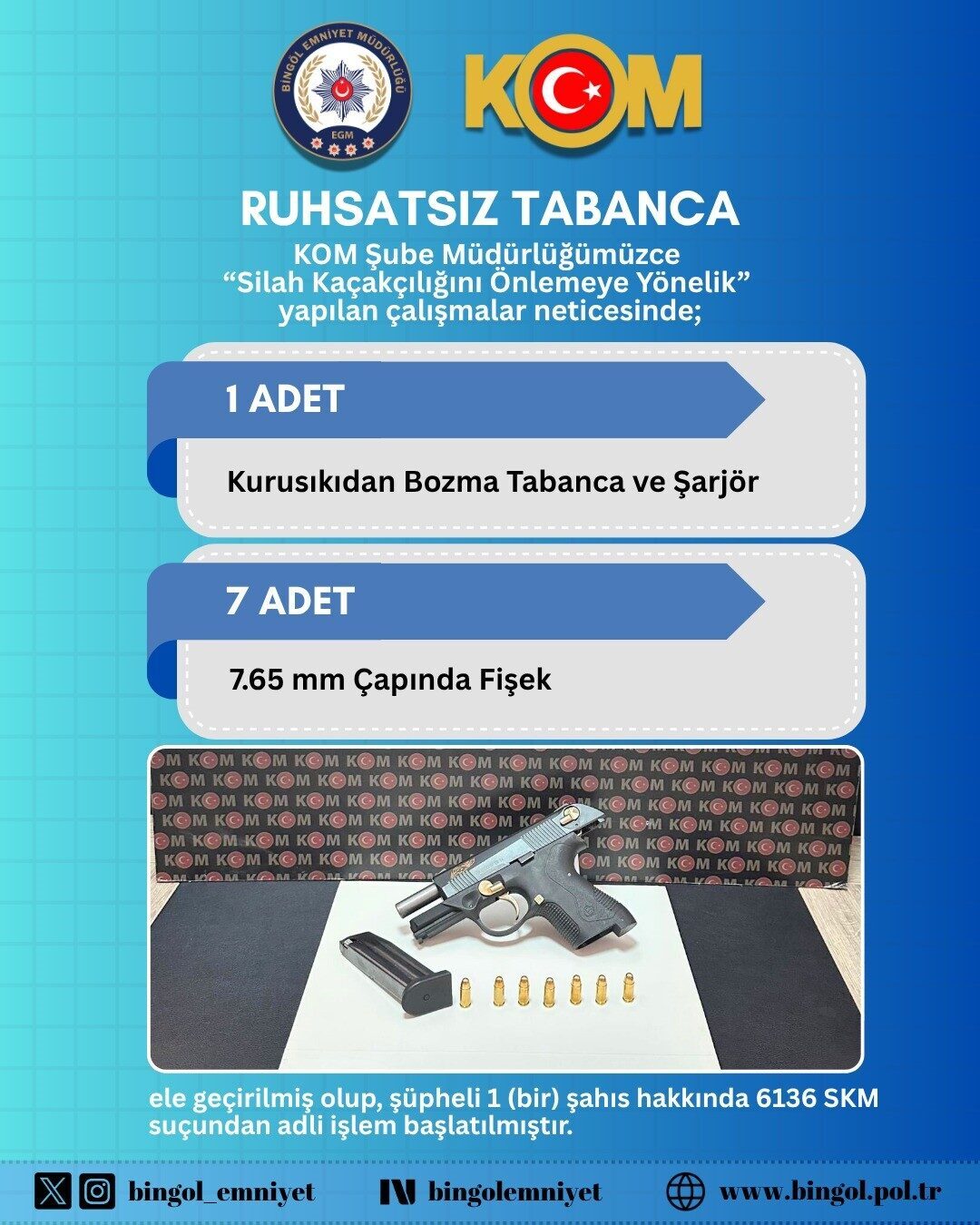 Bingöl'de Emniyet Müdürlüğü ekipleri, yaptıkları operasyonla 4 ruhsatsız tüfek, 2