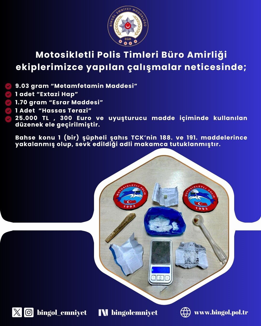 Bingöl'de Narkotik Suçlarla Mücadele ve Asayiş Şube Müdürlüğü'nün düzenlediği uyuşturucu