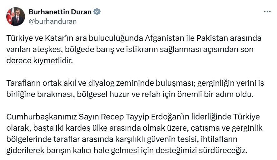 Cumhurbaşkanlığı İletişim Başkanı Burhanettin Duran, Türkiye ve Katar’ın aracılığıyla Afganistan